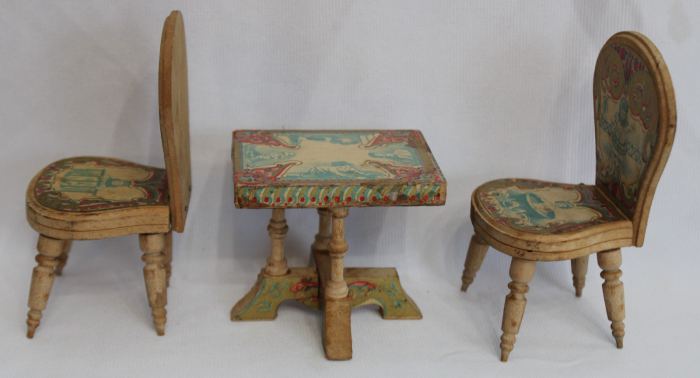 ANTIQUE 1900's BLISS WOOD w/PAPER LITHO DOLLHOUSE FURNITURE - TABLE & TWO CHAIRS