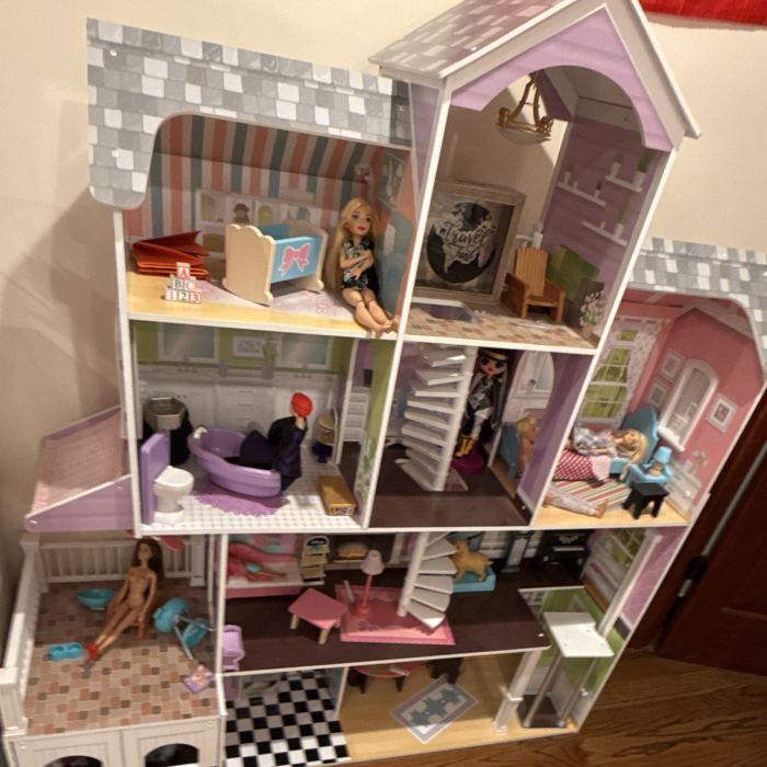 3-Story Furnished 8-Room 1:12 Wooden Dollhouse w/ Dolls, Furniture, Staircase