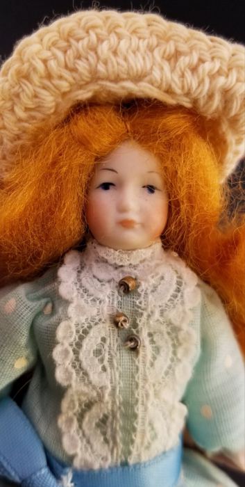 DOLLHOUSE MINIATURE ARTISAN PORCELAIN GIRL DOLL IN BLUE DRESS & CROTCHET HAT