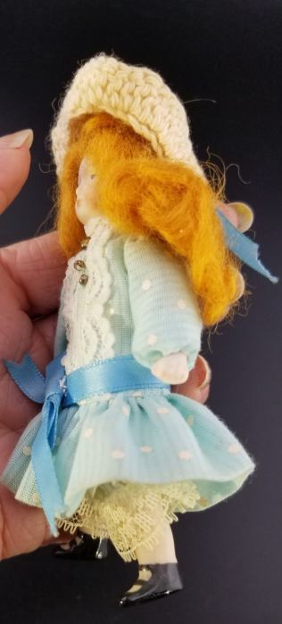 DOLLHOUSE MINIATURE ARTISAN PORCELAIN GIRL DOLL IN BLUE DRESS & CROTCHET HAT