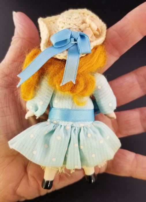 DOLLHOUSE MINIATURE ARTISAN PORCELAIN GIRL DOLL IN BLUE DRESS & CROTCHET HAT
