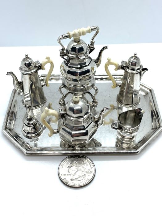 Sterling Silver Coffee Tea Set Dollhouse Miniature W/Tray English